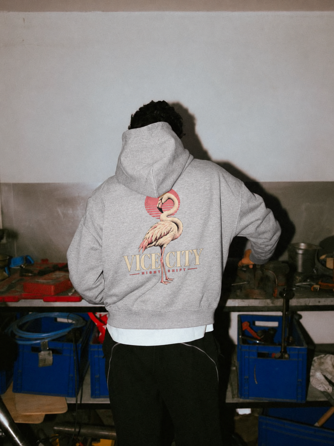 Flamingo Oversized Hoodie - Flower Gray