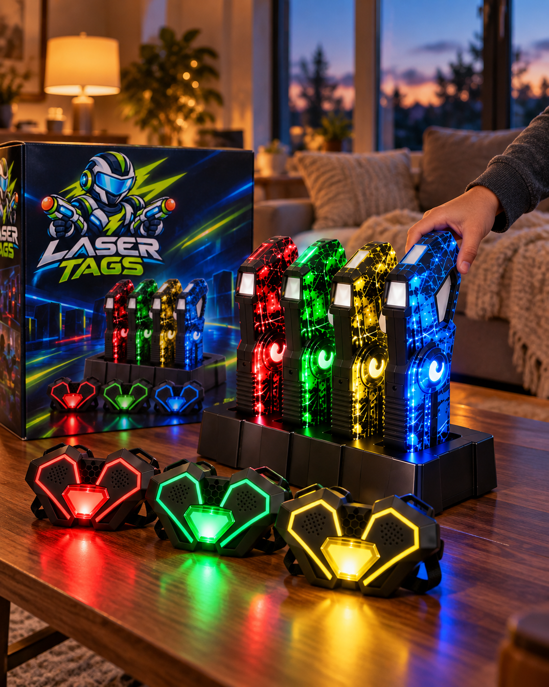 Laser tag set glowing on a living room coffee table