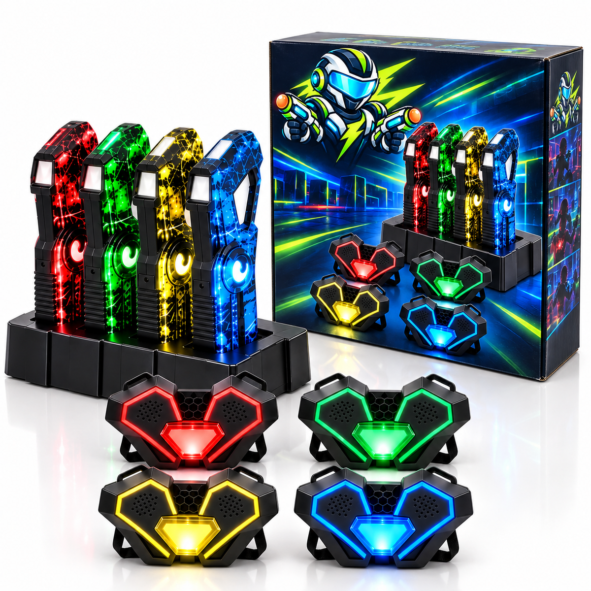 Four light-up blasters in red, green, yellow and blue with matching chest sensors