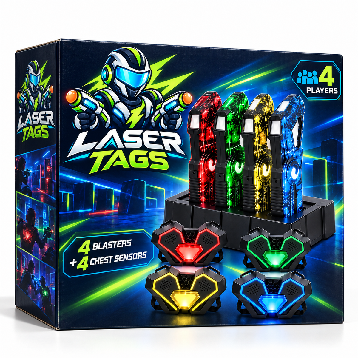 Laser Tags Family Battle set box with 4 blasters and 4 chest sensors