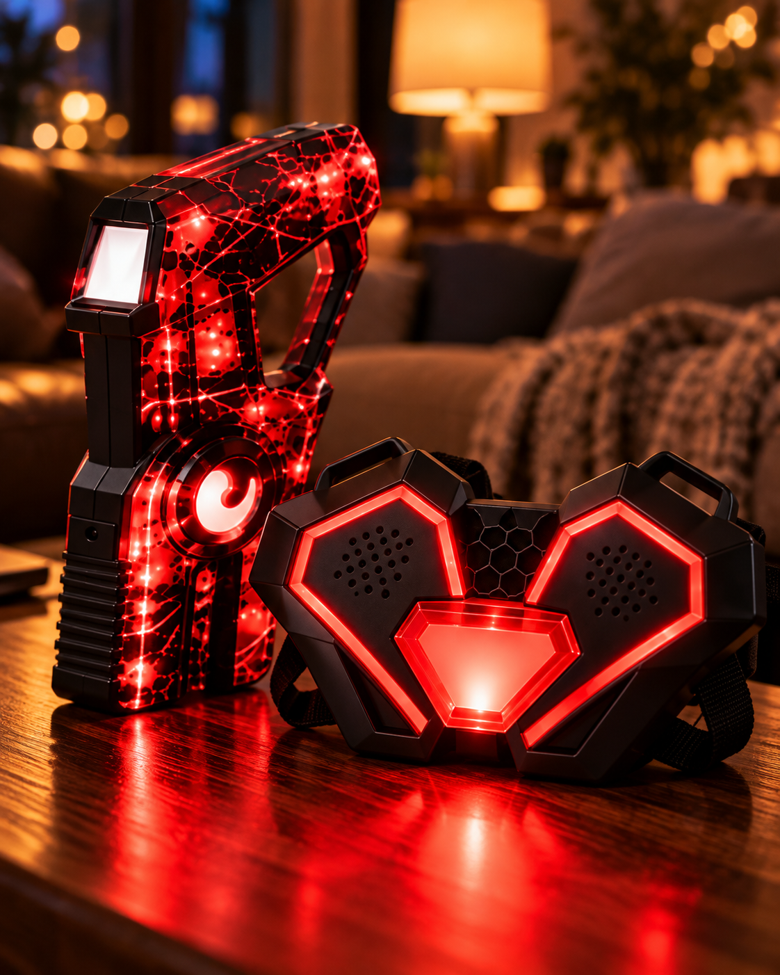 Red light-up blaster and chest sensor close-up